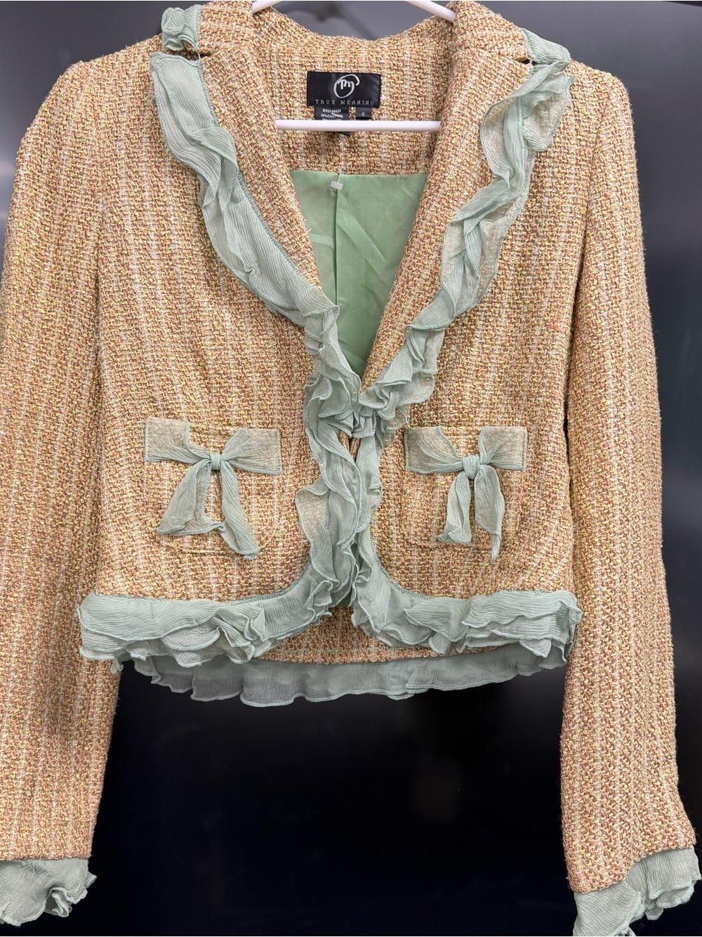 True Meaning Size 6 Tweed Jacket Sage Green Ruffle Bow Trim Boutique Blazer NWT